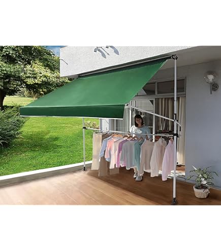 リビングアウト物干し竿付きオーニング グリーン 幅3m 日よけ アーム伸縮タイプ Amazon.co.jp: リビングアウト(Living Out) 物干し竿付きオーニング 日